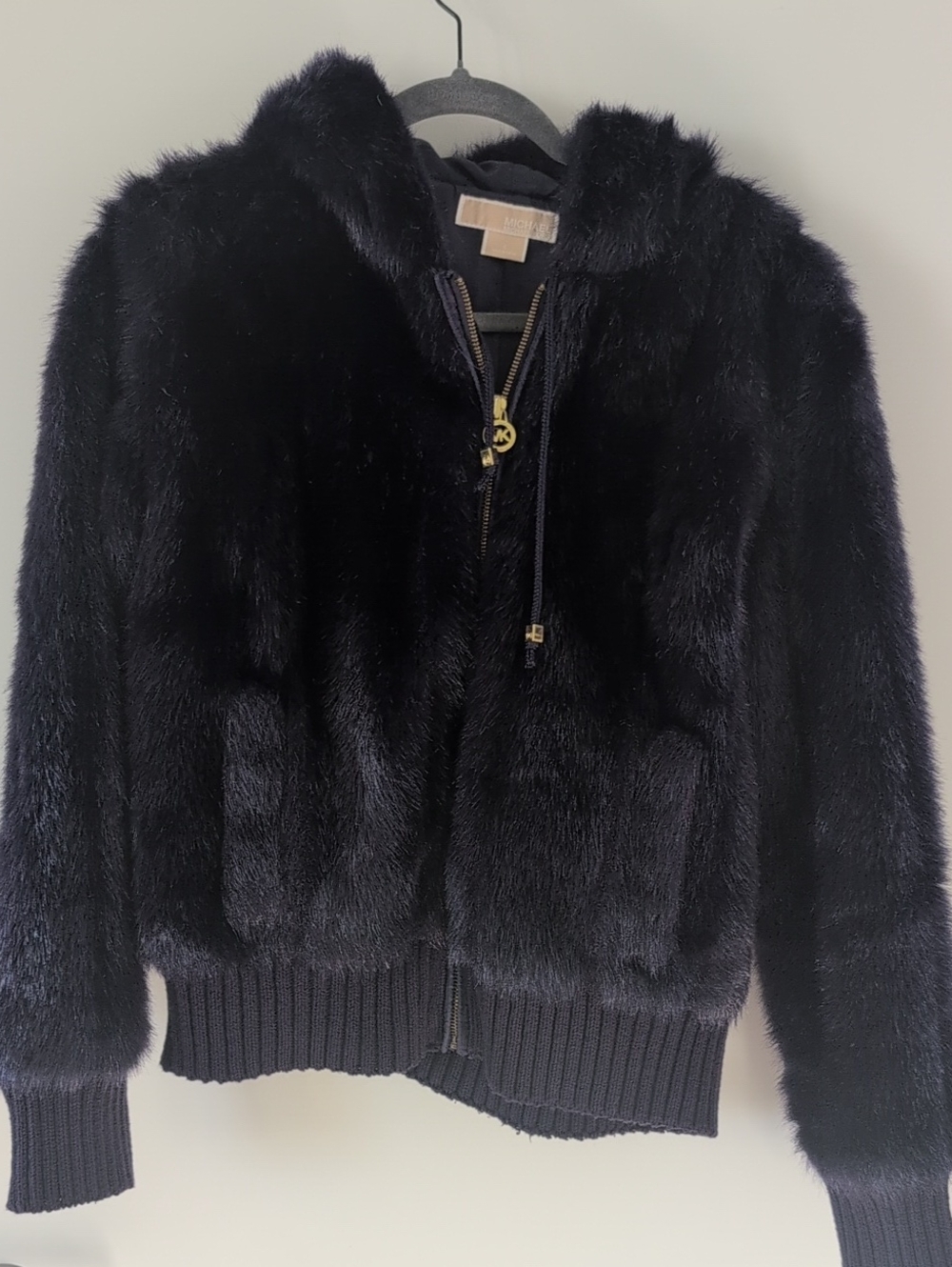 MICHAEL Michael Kors Black Faux Fur Hooded Puffer Jacket with Gold Hardware